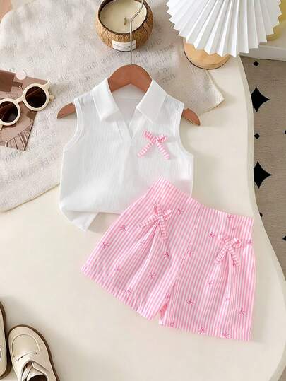 Bộ áo vest không tay dệt gân và quần short nơ in hình bướm màu hồng cho bé gái, trang phục 2 món dễ thương thường ngày cho bé gái, mùa xuân/hè.