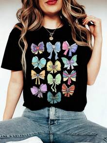 Plus Size, Plus-Size T-Shirt - Women's Fun Printed T-Shirt - Casual Short-Sleeved Round-Neck Loose-Fitting Top, Machine Washable For All-Season Comfort, Casual Wear; Loose-Fitting Style; Durable Print, Perfect For Holiday Gifts, Local Warehouse - 黑色 - 查看 1