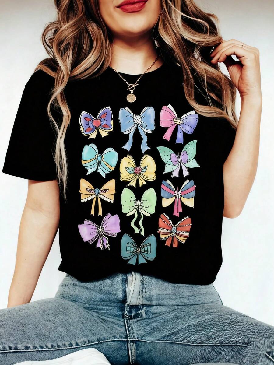 Plus Size, Plus-Size T-Shirt - Women's Fun Printed T-Shirt - Casual Short-Sleeved Round-Neck Loose-Fitting Top, Machine Washable For All-Season Comfort, Casual Wear; Loose-Fitting Style; Durable Print, Perfect For Holiday Gifts, Local Warehouse - 黑色 - 查看 1