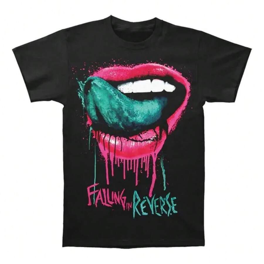 Falling In Reverse Lips T-shirt för män, svart färg, present till sig själv, mjuk och bekväm, familjesammankomster, temafester, matchande kläder för föräldrar och barn, grupp-T-shirt, vardagskläder för kvinnor, damtoppar, herr-T-shirts, herrtoppar, tonårstoppar, tonårst-shirts - Svart - Visa 1