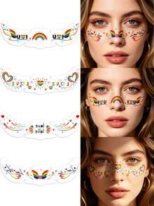 4片装LGBTQ+骄傲月眼贴，活力彩虹心形“爱就是爱”临时纹身贴纸，自粘免胶防水闪亮酷儿爱心美学面部饰品，适合女性女孩参加骄傲游行、节日音乐会、派对、LGBTQ+活动、DIY化妆配件 - 彩色 - 查看 3