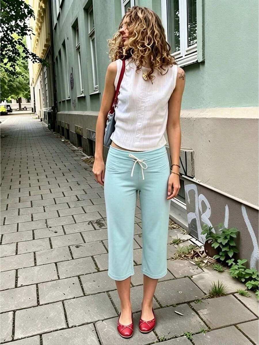 Women's Drawstring High Waist Capri Sweatpants, Loose Wide Leg Soft Knit Cropped Trousers Casual Daily Lounge Streetwear Summer Bottoms - 薄荷藍 - 查看 1