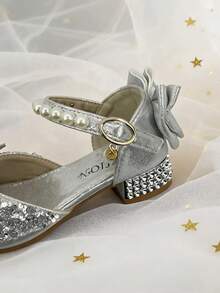 1 Pair Girls' Princess Shoes With Bow & Pearl Decor, Party Wear Children Shoes - Silver - View 8