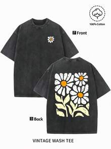 2026 Summer New Heavyweight Pure Cotton Washed Vintage T-Shirt Men'S Vintage Wash Pattern Printed T-Shirt - Floral Print Design, Vintage Wash Appearance, Round Neck Short Sleeve, 230g Washed Cotton, Summer Comfort Casual T-Shirt, Regular Version, Machine Washable Men Clothing For Men And Women, Washed T-Shirts, Street Fashion Brand Washed T-Shirts - 黑色 - 查看 2