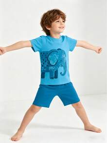 2pcs Boys Elephant Print Short Sleeve Shorts Pajama Set, Comfortable Casual, Suitable For 4-7 Years Old Boys, Can Be Used As Holiday Gift, Boys Loungewear, Children Clothing - Dusty Blue - View 6