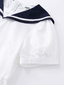 [Vestido azul marino de algodón puro con cuello] Falda de corte A de verano para niñas con lazo, estilo escolar vibrante, vestido holgado y cómodo para la piel, vestido de estudiante, vestido de solapa para niña - Blanquecino - Ver 5