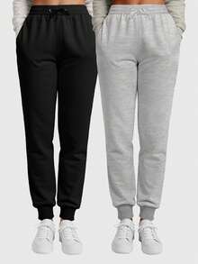 Set Of 2 Women's Sweatpants With Pockets And Adjustable Waistband - 黑色/灰色 - 查看 9