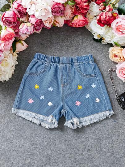 女童休闲纯色及印花做旧直筒牛仔短裤，适合户外休闲玩耍，夏季