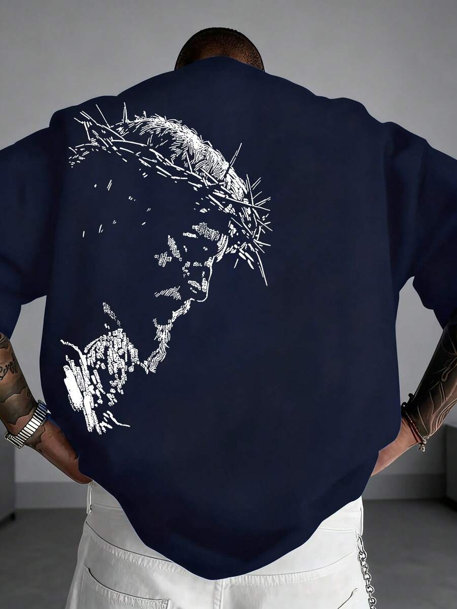 Zrgoth K-GLORY Men's Casual Versatile Minimalist Dark Portrait Graphic Print Short Sleeve T-Shirt - Navy Blue - View 1