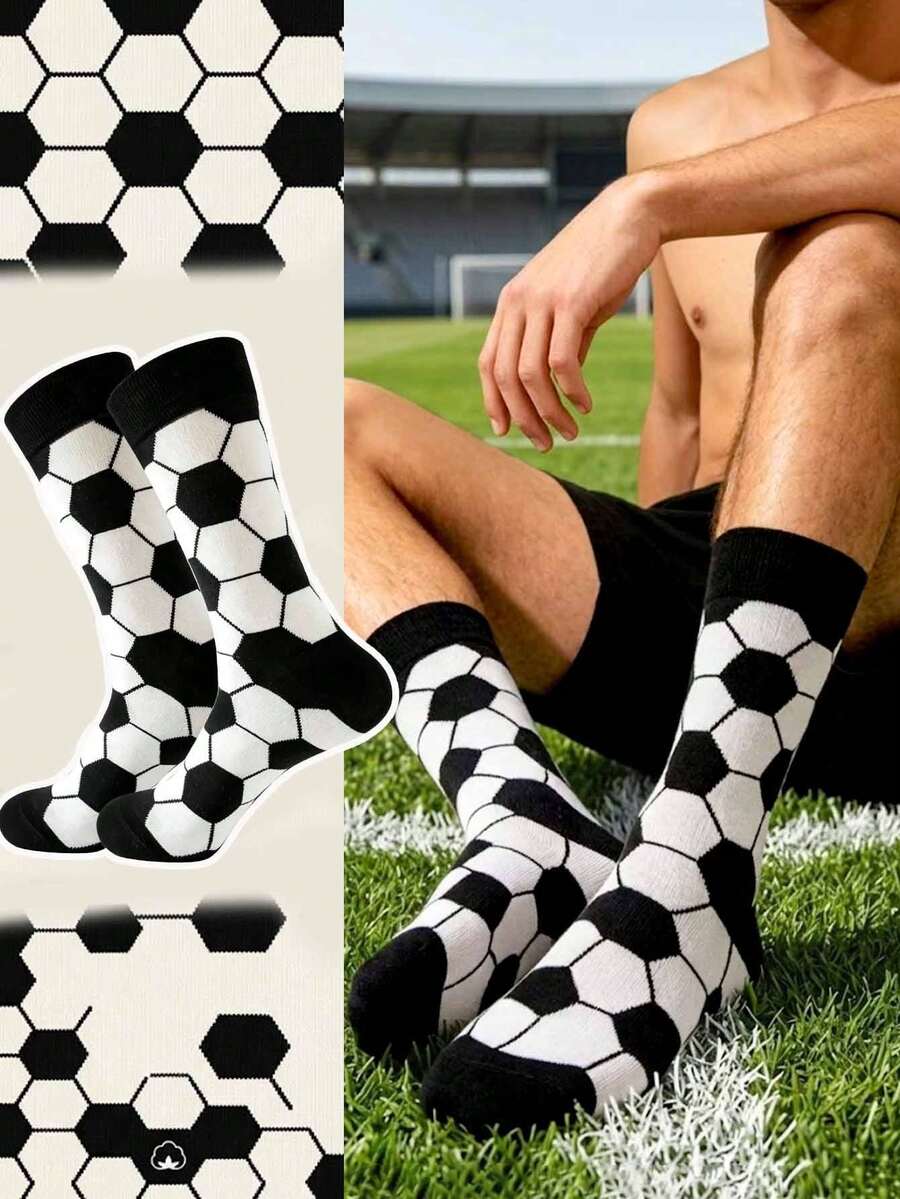 1 đôi tất nam họa tiết bóng đá World Cup, tất dài đến bắp chân kẻ sọc đen trắng, thích hợp để mặc hàng ngày và tham dự các sự kiện thể thao World Cup. - Nhiều màu - Xem 1