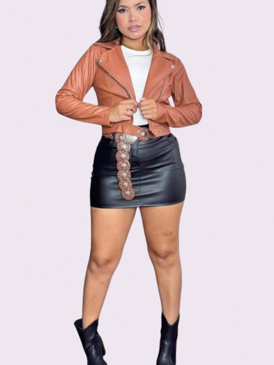 Women's Luxury Faux Leather Biker Jacket With Zipper - Karamel 02 - View 1