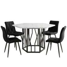Dining Table And Chair Set (5 Pieces), Modern Hexagonal Marble Table + 4 Black Velvet Dining Chairs To Create A Warm And Modern Restaurant - Black + White - View 12