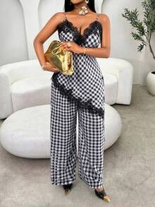 Conjunto de camiseta y pantalón de pierna ancha con estampado de cuadros en blanco y negro, elegante y sexy, con encaje y bajo asimétrico, adecuado para ir de compras, pequeñas reuniones en verano - Negro - Ver 5