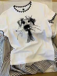 Conjunto de dos piezas para mujer casual a rayas, camiseta de manga corta con rayas horizontales azul marino y blanco, pantalones holgados azul marino de cintura elástica con cordón, estilo cómodo y versátil, ideal para uso diario, compras, paseos, actividades relajadas y looks náuticos en primavera y verano - Blanco - Ver 3