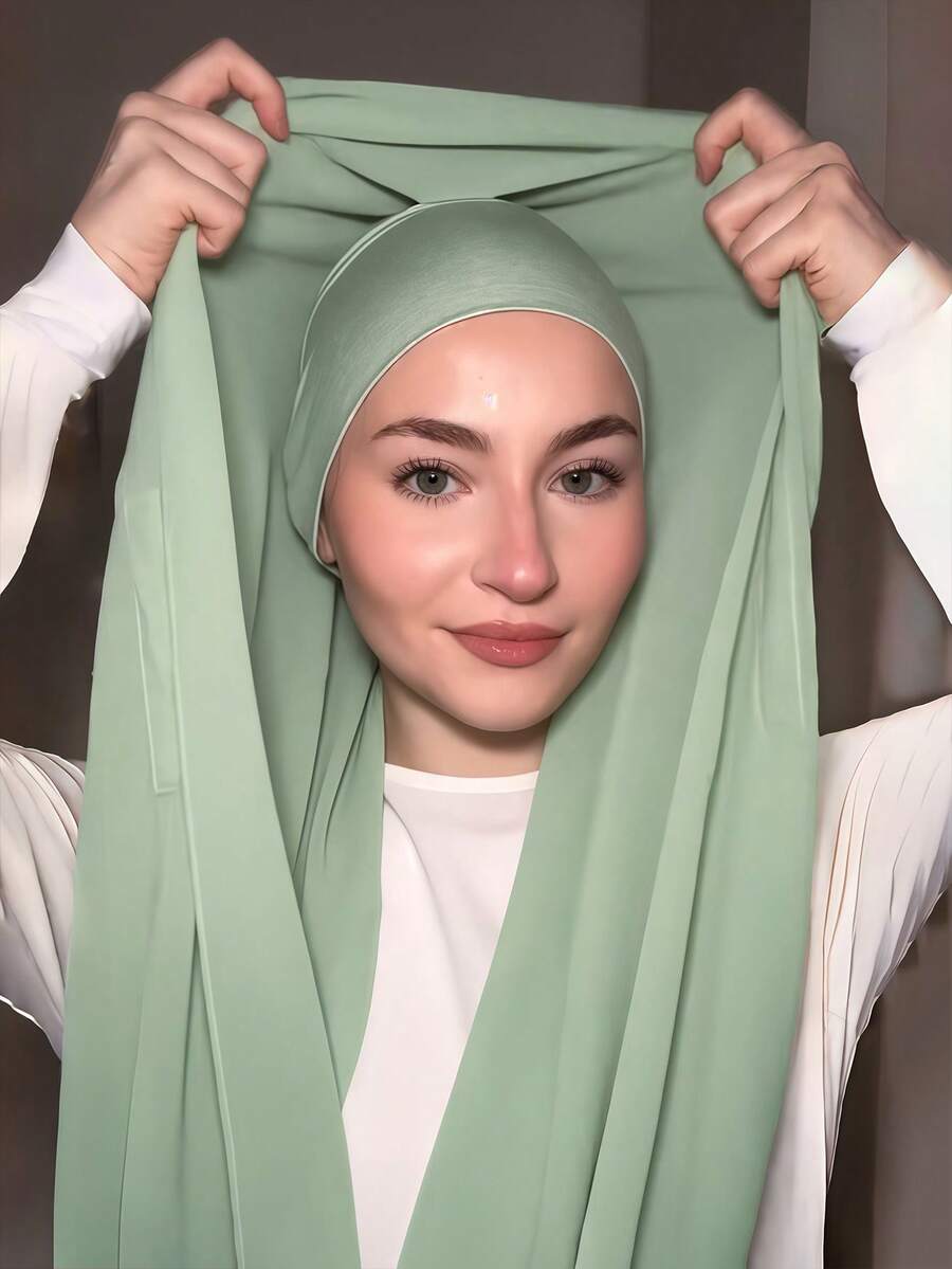 1 pieza Hiyab instantáneo con broche magnético, combo de pañuelo de gasa con gorro interior de punto jersey, pañuelo de cabeza instantáneo 3 en 1. Tela de gasa suave y sedosa, transpirable, adecuada para abaya diaria, vacaciones, oración, uso en la mezquita, toalla de playa