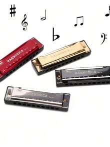 Estuche rígido protector clásico para instrumentos musicales y accesorios con agujeros numerados, instrumentos de latón dorado brillante e instrumentos de viento madera, armónica de aleación de bolsillo para principiantes, juguete para viajes de camping, conciertos en escenario, instrumentos musicales - Multicolor - Ver 10