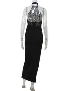 Vestido ajustado con encaje cuello colgante y espalda descubierta - Negro - Ver 6
