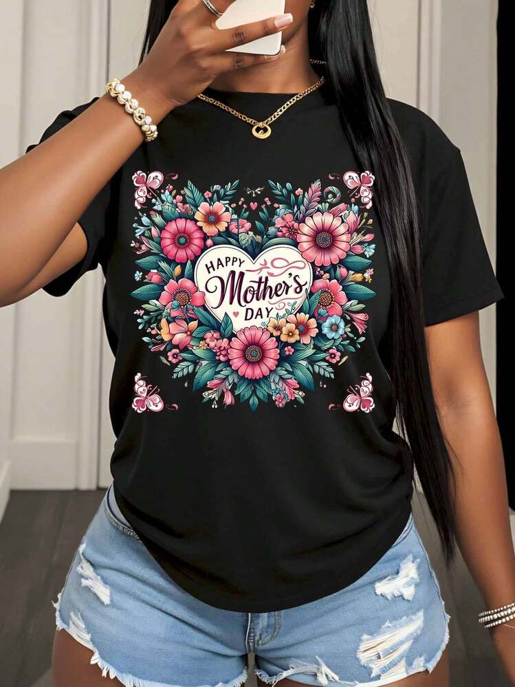 Camiseta con Diseño de Corazón Floral para el Día de la Madre, Regalo para Mujeres, Top Casual de Verano - Negro - Añade 2