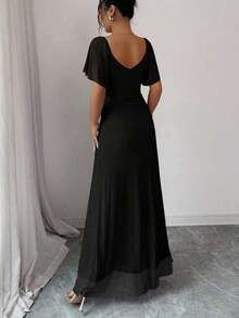 Vestido morado claro con cuello en V, mangas con volantes, cintura plisada y abertura, vestido elegante de dama de honor, vestido de fiesta, primavera/verano - Negro - Ver 2