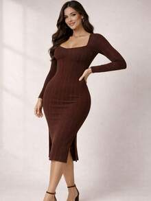 Midi Dress With Half Cup In Ribbed Prime Fabric | Fitted Design With Support, Elegant And Versatile For Day To Night - Óxido marrón - Ver 3
