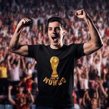 T-Shirt With Gold Trophy Print, Unisex, Casual, Comfortable, Urban Fashion, Football Style, Ideal For Fans, Games, Sporting Events, Lightweight, Breathable Fabric, Perfect Fit, HEXA Shirt, 100% Cotton, Modern Look, Versatile, High Quality, Everyday Use - 黑色 - 查看 10