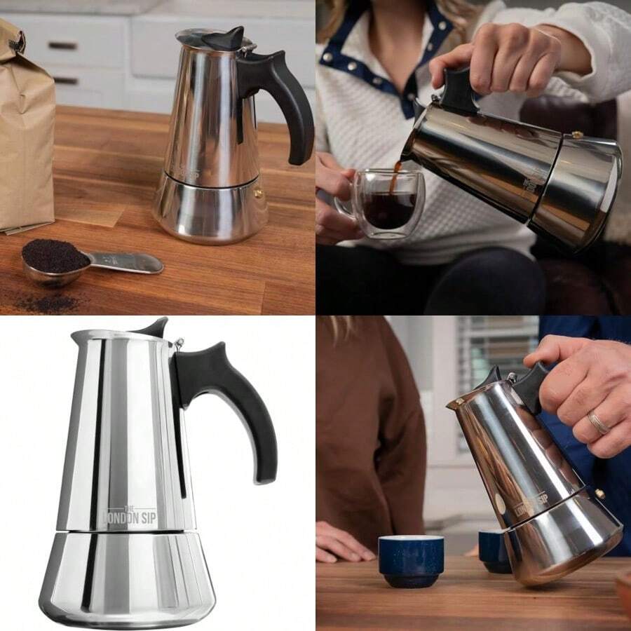 London Sip - Cafetera de acero inoxidable, cafetera de café italiano, color plateado, grande 16.9 onzas - Plateado - Ver 1