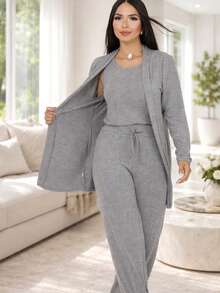 Women's 3-Piece Casual Set, Comfortable And Stylish, Suitable For Everyday Wear At Home, Street, Office, Airport, Garden, And Autumn/Winter. - 灰色 - 查看 5