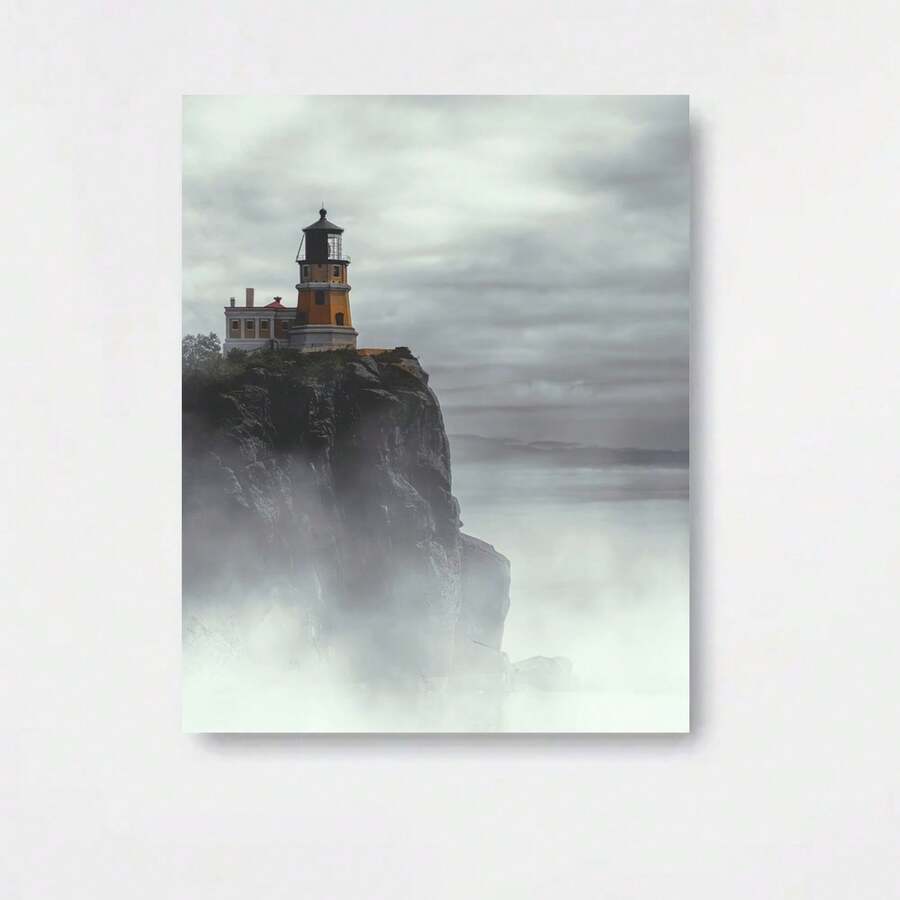 1 pieza de arte de pared sin marco de faro - 12x18 pulgadas de alta calidad, lienzo, escena serena de faro de montaña con cielo brumoso y acantilados rocosos, textura detallada, perfecto para sala de estar, dormitorio, oficina o decoración de café, decoración de hogar costero - Enmarcado - Ver 1