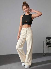 High-Waisted Wide-Leg Jeans, Ultra Comfortable For An Impeccable Everyday Look. - Beige ZR114 - View 3