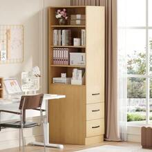 Extra-Narrow 180cm High Bookcase With Side Drawers - Adjustable Shelves, Interchangeable On The Left And Right, Ideal For Small Spaces - Sideboard, Living Room Furniture, Bookcase - 自然色 - 查看 3