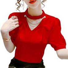Blusas de estilo veraniego para mujer, camisas informales a la moda con mangas cortas abombadas y cuello redondo, blusas de perlas lisas, Tops WY0227 - Amarillo - Ver 2