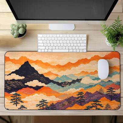 Japanese Mountain Desk Mat – Orange Landscape Mouse Pad, Asian Art Extended Desk Pad, Scenic Mountain Large Desk Mat, Aesthetic Gaming