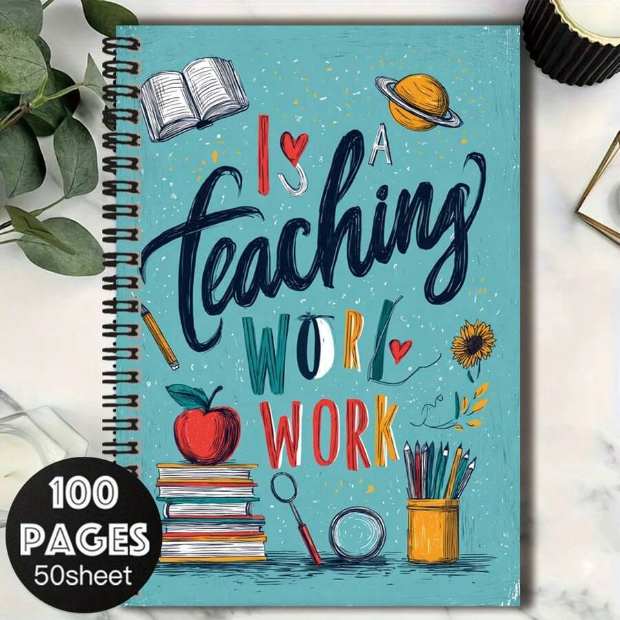 1pc "I Love Teaching" Themed Spiral Notebook, Cover Decorated With Book, Apple, Pencil Elements, Fresh And Educational Atmosphere. 100 Pages High Capacity, Suitable For Work Records, Study Notes, Daily Plans, Etc. Thoughtful Gift Choice For Graduation, Birthday And Other Occasions To Write Beautiful Moments. - E - View 1