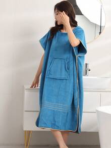 1 buah Jubah Mandi Wanita Lembut, Menyerap, Berkerudung, Tanpa Lengan, Warna Polos, Minimalis, Ukuran Besar, Ponco yang Dapat Dipakai untuk Mandi, Berselancar, Pantai, Aktivitas Luar Ruangan - Dusty Blue - View 2