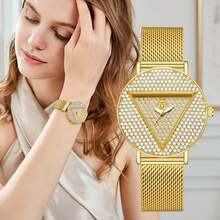 YaLaLuSi Brand: An Elegant Women's Quartz Watch Featuring A Delicate Round Bezel, A Triangular Dial Adorned With Rhinestones, Roman Numeral Hour Markers, And Luminous Hands. - Gold - View 6