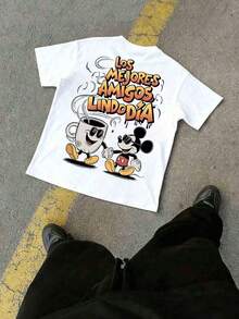 Retro Mickey Mouse & Coffee Cup Graphic Tee, Casual White Oversized Crewneck T-Shirt, Vintage Cartoon Best Friends Print Short Sleeve Cotton Top, Streetwear For Men And Women, Perfect For Everyday Wear, Casual Outings, Summer Street Style, Ideal Holiday Gift For Disney Fans, Breathable Comfortable All-Season Essential T-Shirt - trắng - Xem 3