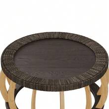 Vintage Rattan Solid Wood Round Coffee Table, Curved Legs Boho Accent Table For Dining Room, Kitchen And Living Room,Black Brown - Hitam - View 8