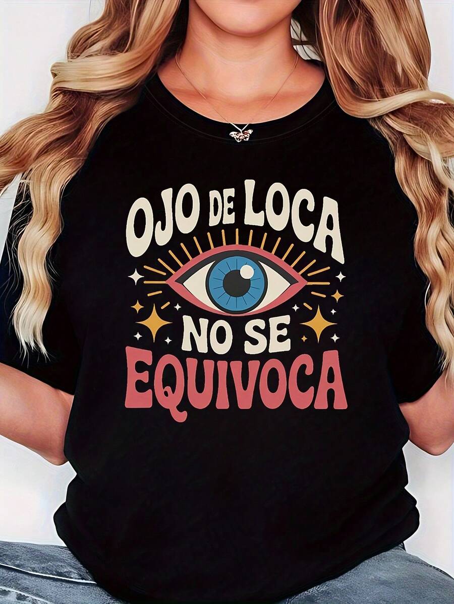 Women's Spring And Summer Short-Sleeved Crew Neck Casual T-Shirt With "CRAZY EYE" Print And "Crazy Eyes" Pattern, Perfect For Everyday Wear And As A Holiday Gift - 黑色 - 查看 1