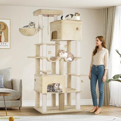 HaluPeit Arbre à Chat, XXL, Grand Tour à Chat de 185 cm de Haut, avec 10 Griffoirs, 2 Plateformes Géantes, 2 Niches, 2 Hamacs, Pompons, Panier, pour Maine Coon, Beige