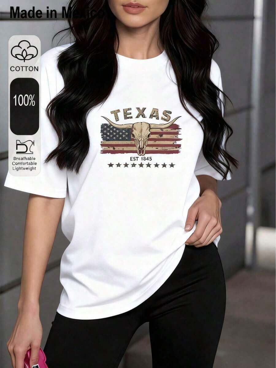 Women's 180gsm Digital Print T-Shirt, Denim Style, 1 Unit, 100% Pure Cotton, Casual Short Sleeve T-Shirt, Classic Vintage American Style - 白色 - 查看 1