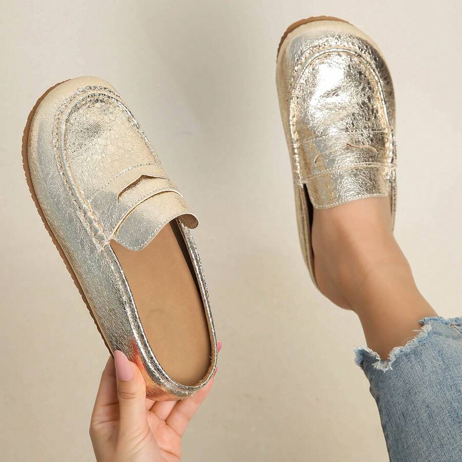Women's Gold Flat Sandals, Retro Slip-On Mules, Casual Versatile Plus Size Shoes - Gold - View 1