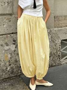 Women's Solid Color Loose Casual Harem Pants - Yellow - View 2