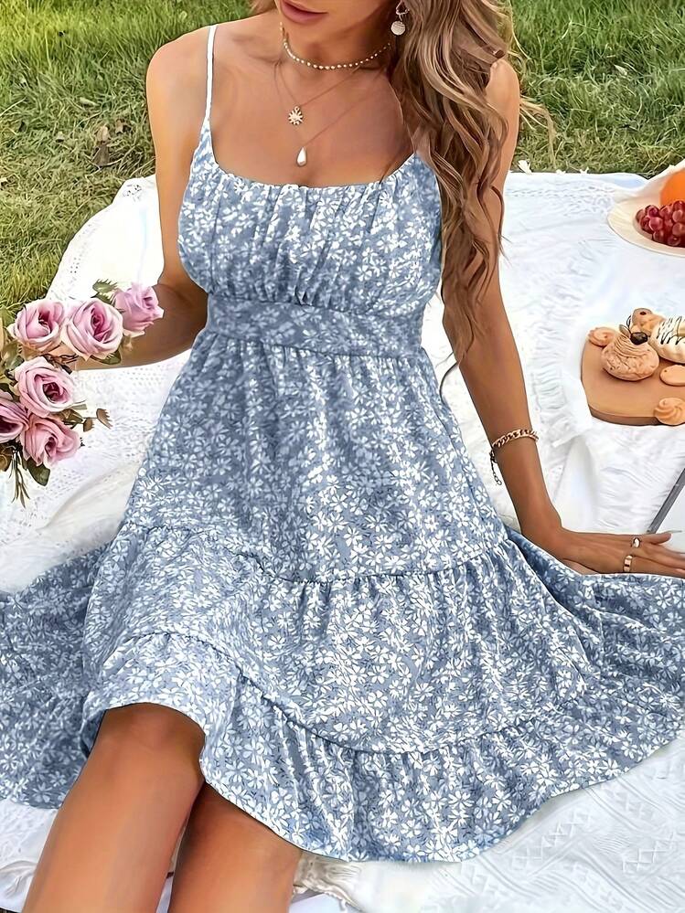 Floral Ruffle Edge Camisole Skirt - Navy Blue - View 2
