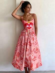 2026 Spring New Women's Clothing, Cross-Border European And American Dress, Sexy Waist-Cinching Pleated Solid Color Large Hem Strap Dress - 粉紅色印花 - 查看 6