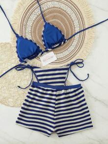 Conjunto de bikini y shorts de baño casuales para vacaciones en la playa de mujeres, 2026, 3 piezas, de tela texturizada con bloques de color y rayas, adecuado para primavera/verano, fiestas en la piscina, citas - Azul y blanco - Ver 2