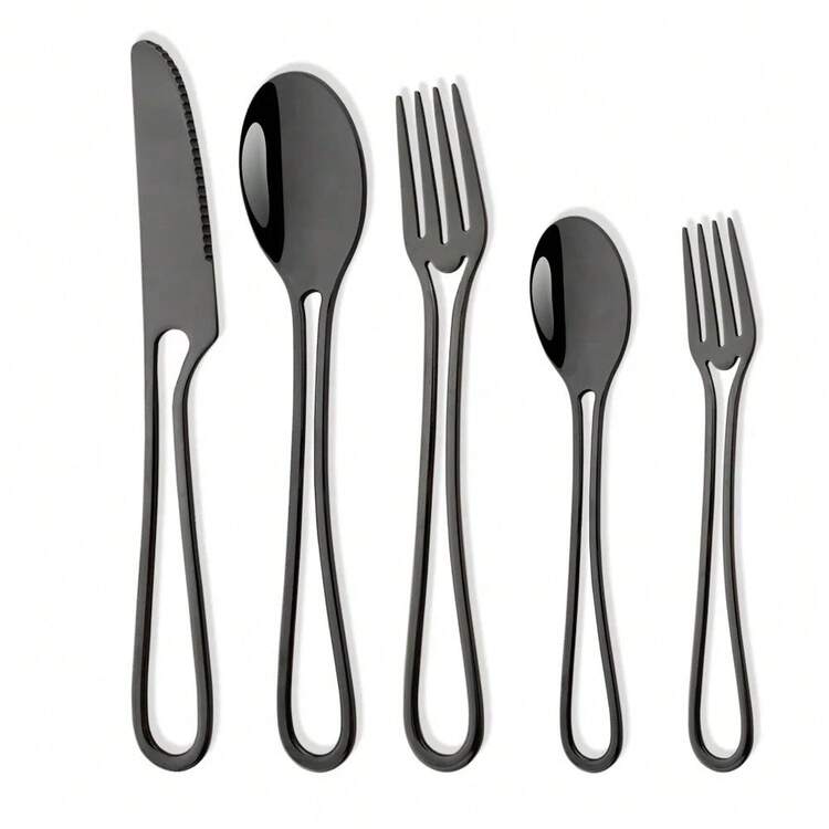 Juego de cubiertos para cuchillo, tenedor, cuchara, mango ahuecado de arcoíris, juego de vajilla de acero inoxidable, traje de comida occidental, 5 uds. - Negro - Añade 3