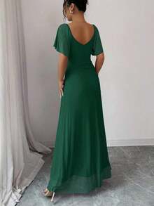 Vestido morado claro con cuello en V, mangas con volantes, cintura plisada y abertura, vestido elegante de dama de honor, vestido de fiesta, primavera/verano - Verde Oscuro - Ver 2