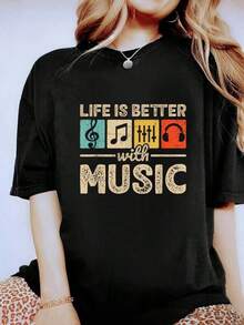 100 % bomull unis-ex 1 stycke - La-mi-ri-t är bättre med musik - T-shirt för musikälskare, musiker, EDM - Damtröjor med grafiskt tryck, avslappnad kortärmad t-shirt för alla årsT-ider, damkläder 230 g CleanCut damkläder - Vintage musik t-shirt - Retro t-shirt för kvinnor - Rolig kortärmad t-shirt med bokstavstryck - Svart - Visa 7