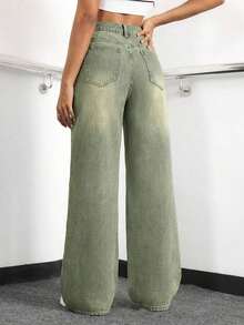 Pantalones vaqueros anchos sueltos y versátiles de mujer con diseño de bolsillos - Verde - Ver 2
