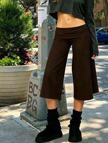 Women Yoga Capri Pants Wide Leg Cropped Pants With Fold Over Waistband For Fitness Workout Light Grey Lounge Pants For Women Elastic Waist 3/4 Length Pants Casual Culottes Trousers For Daily Wear - 深棕 - 查看 7
